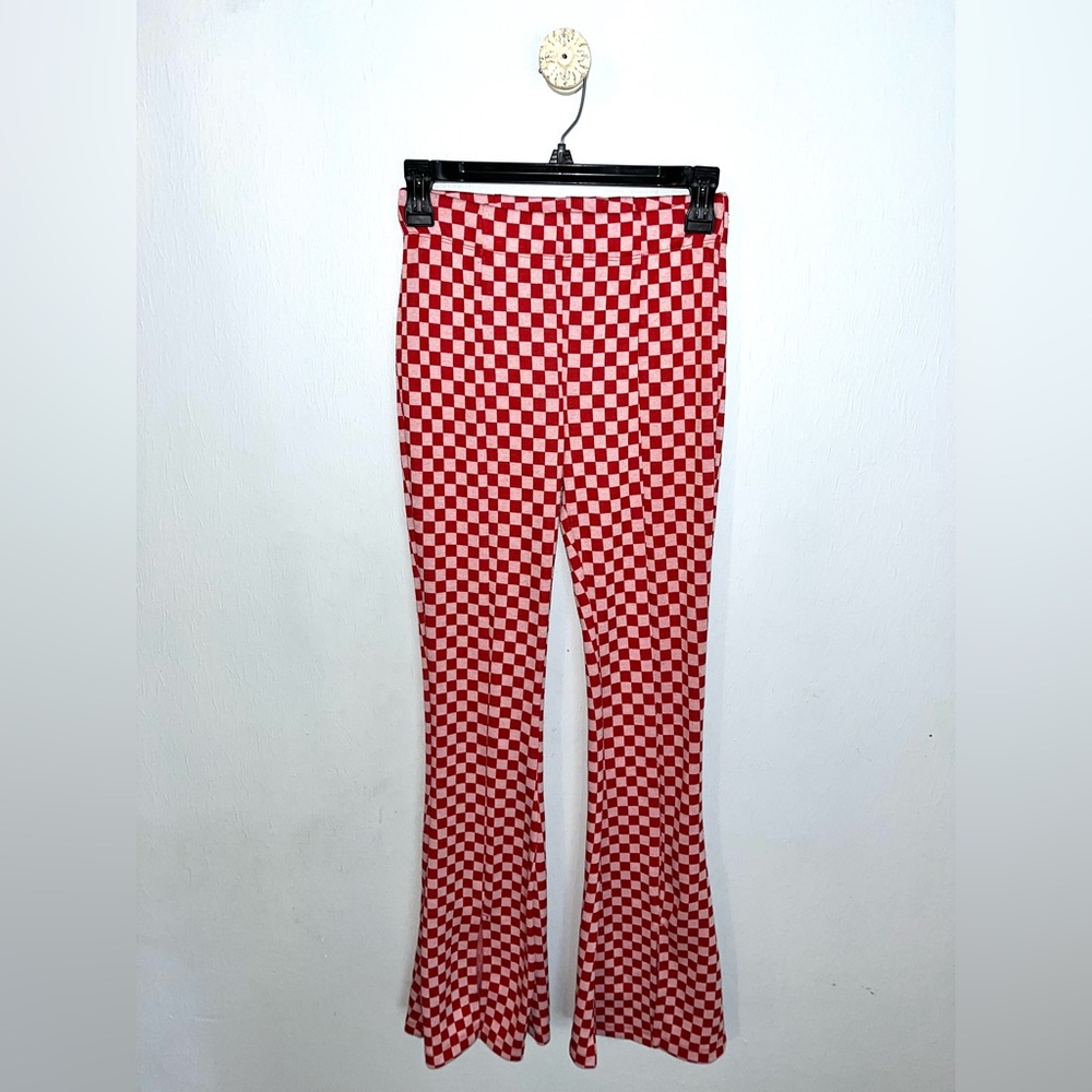 SO CHECKERED HIGH-RISE FLARE LEG PANTS. SIZE XL